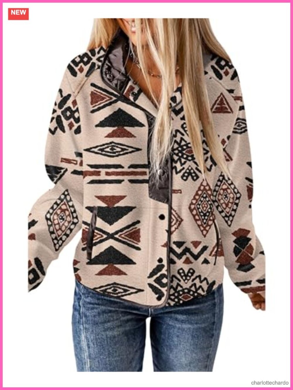 Womens Fleece Jacket Aztec Print Long Sleeve Snap Button Shacket with Pockets - Picture 1 of 6